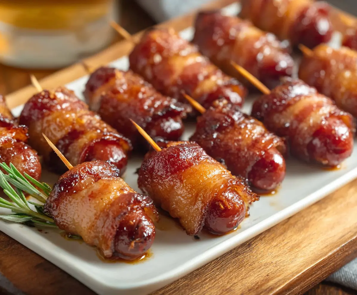 Delicious brown sugar bacon wrapped little smokies on a serving platter