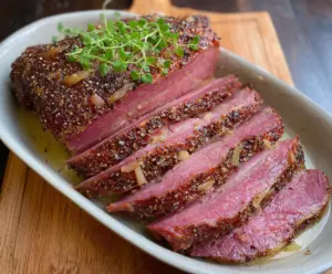Juicy corned beef brisket glazed with brown sugar and Dijon mustard, served sliced on a platter.