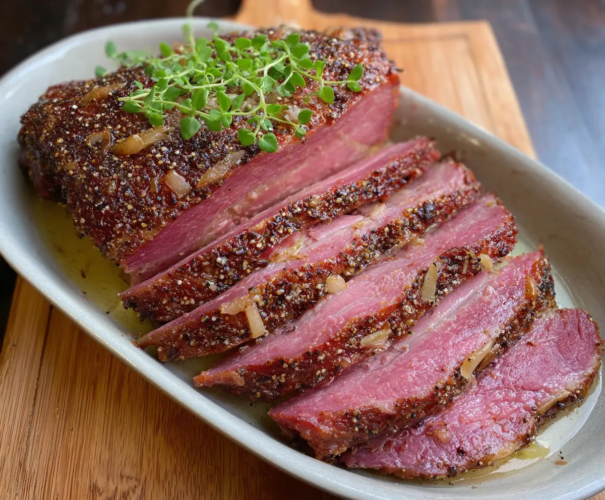 Juicy corned beef brisket glazed with brown sugar and Dijon mustard, served sliced on a platter.