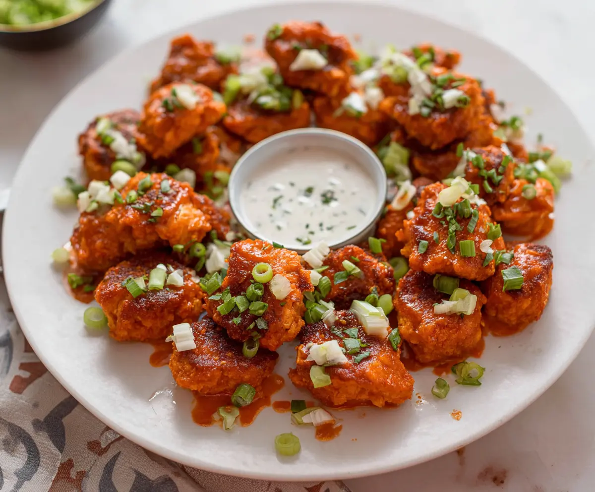 Close-up of crispy Buffalo Chicken Bites coated in spicy sauce, served with fresh celery sticks.