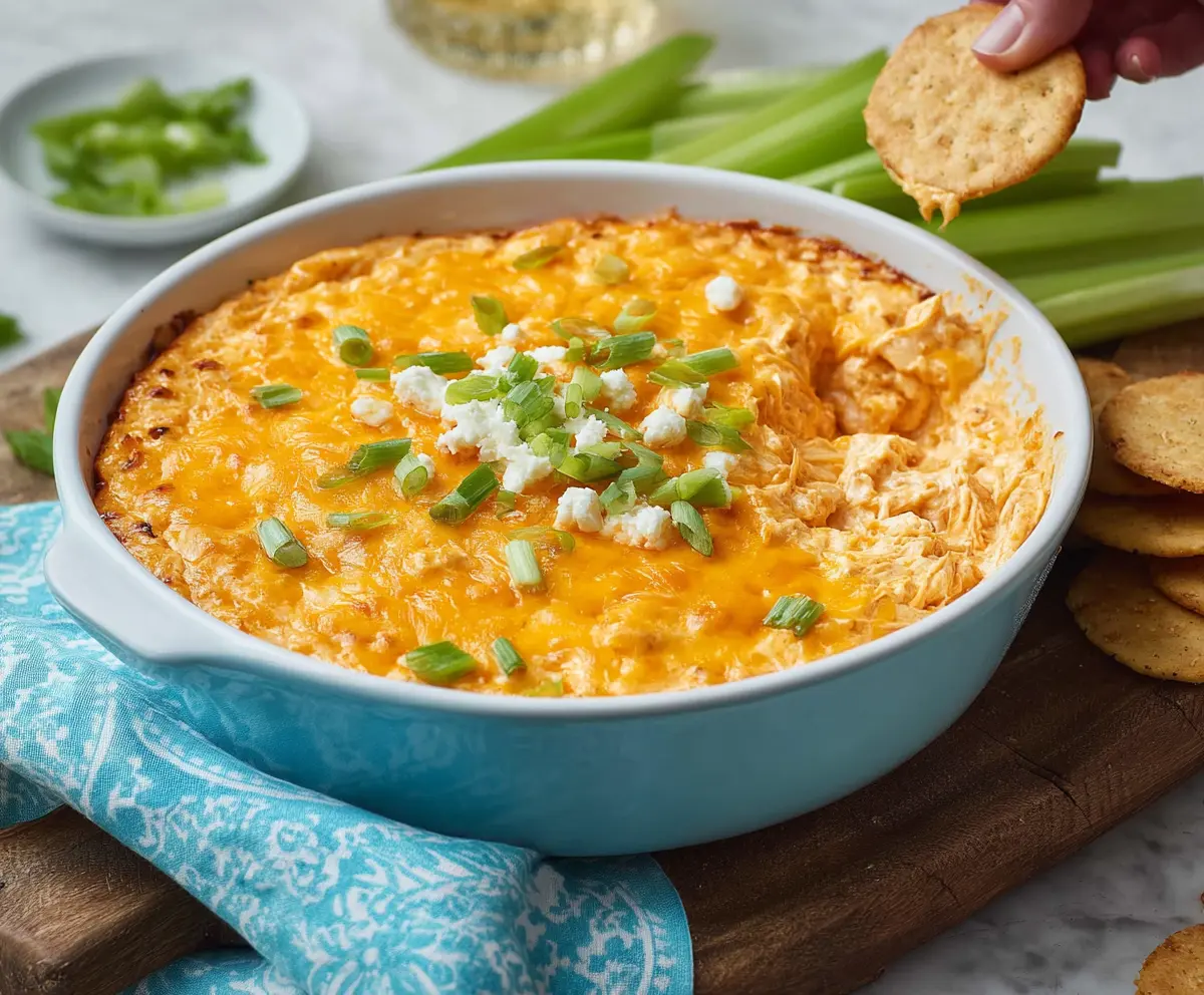 Creamy Buffalo Chicken Dip made with tender chicken, hot sauce, and melted cream cheese for a savory appetizer.