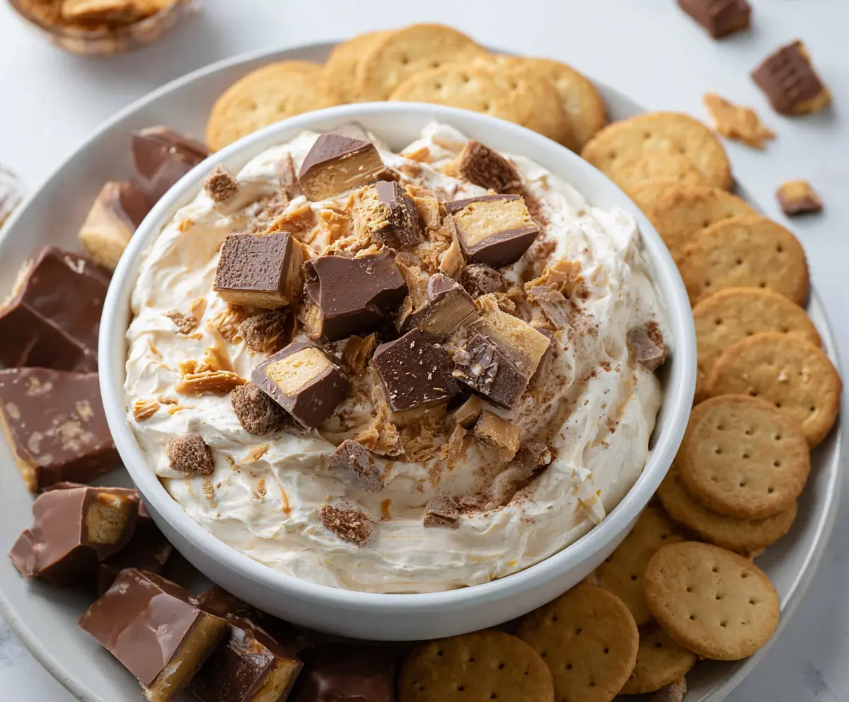 Delicious Butterfinger Dip in a bowl with chocolate and peanut butter toppings