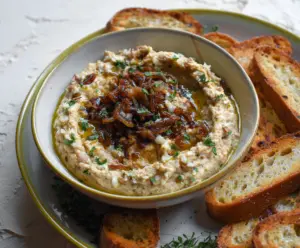 Creamy caramelized onion white bean dip served with fresh herbs and pita chips.