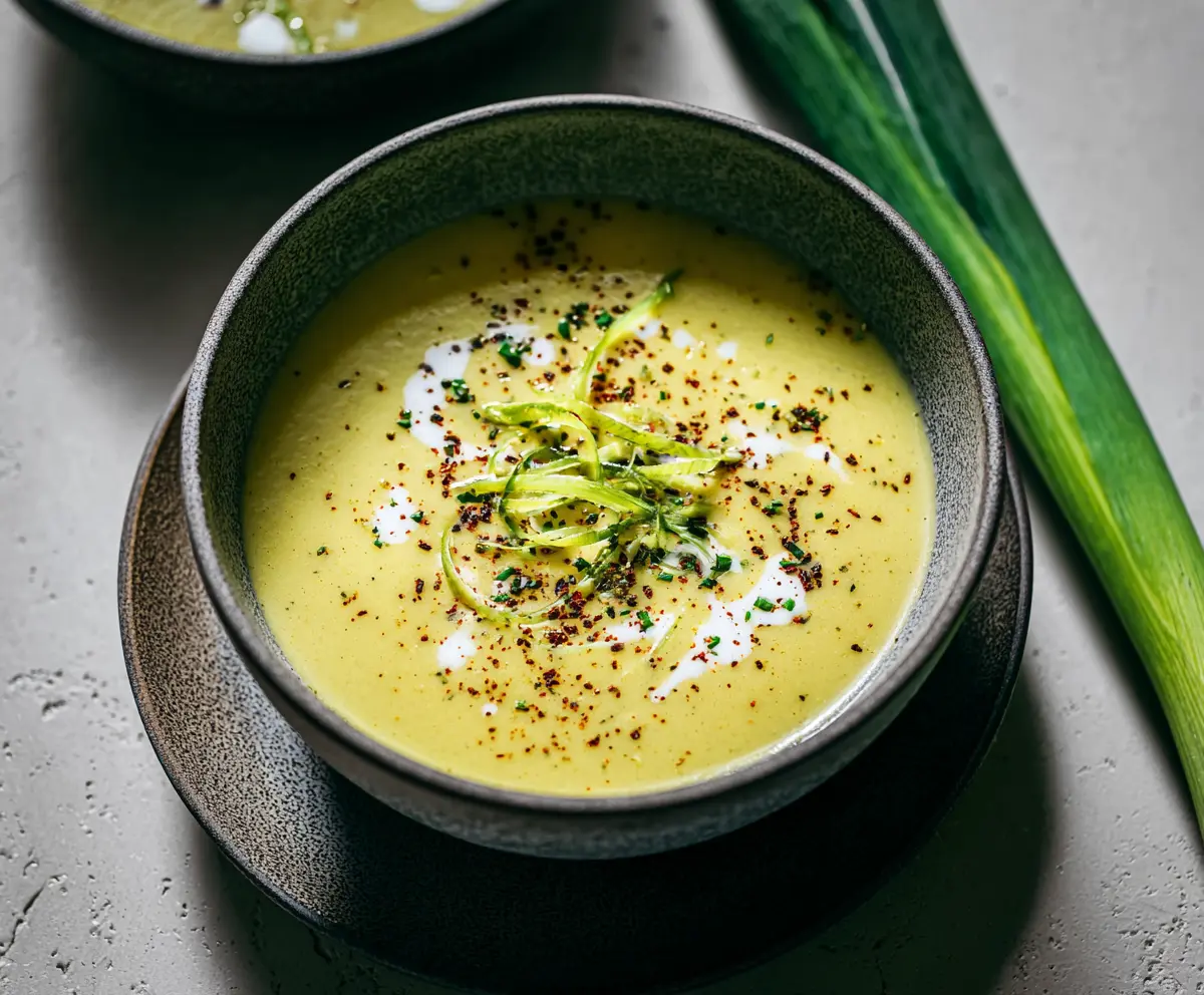 Creamy celery and leek soup served in a bowl with fresh herbs for a healthy, comforting meal.