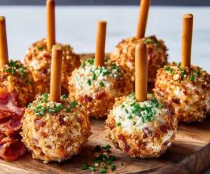 Delicious cheeseball bites garnished with herbs on a wooden platter, perfect for parties