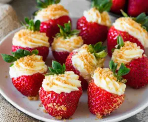 Delicious cheesecake stuffed strawberries garnished with chocolate and fresh mint.