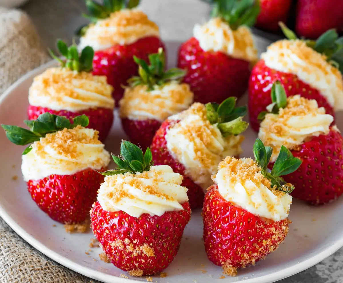 Delicious cheesecake stuffed strawberries garnished with chocolate and fresh mint.