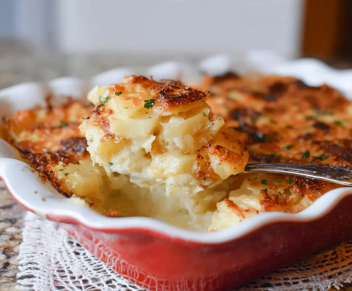 Baked Cheesy Delmonico Potatoes Casserole topped with melted cheese and herbs