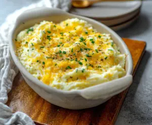 Creamy cheesy garlic mashed potatoes served in a bowl, garnished with parsley for a flavorful side dish.