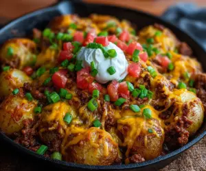 Delicious Cheesy Taco Potatoes served on a plate with fresh toppings