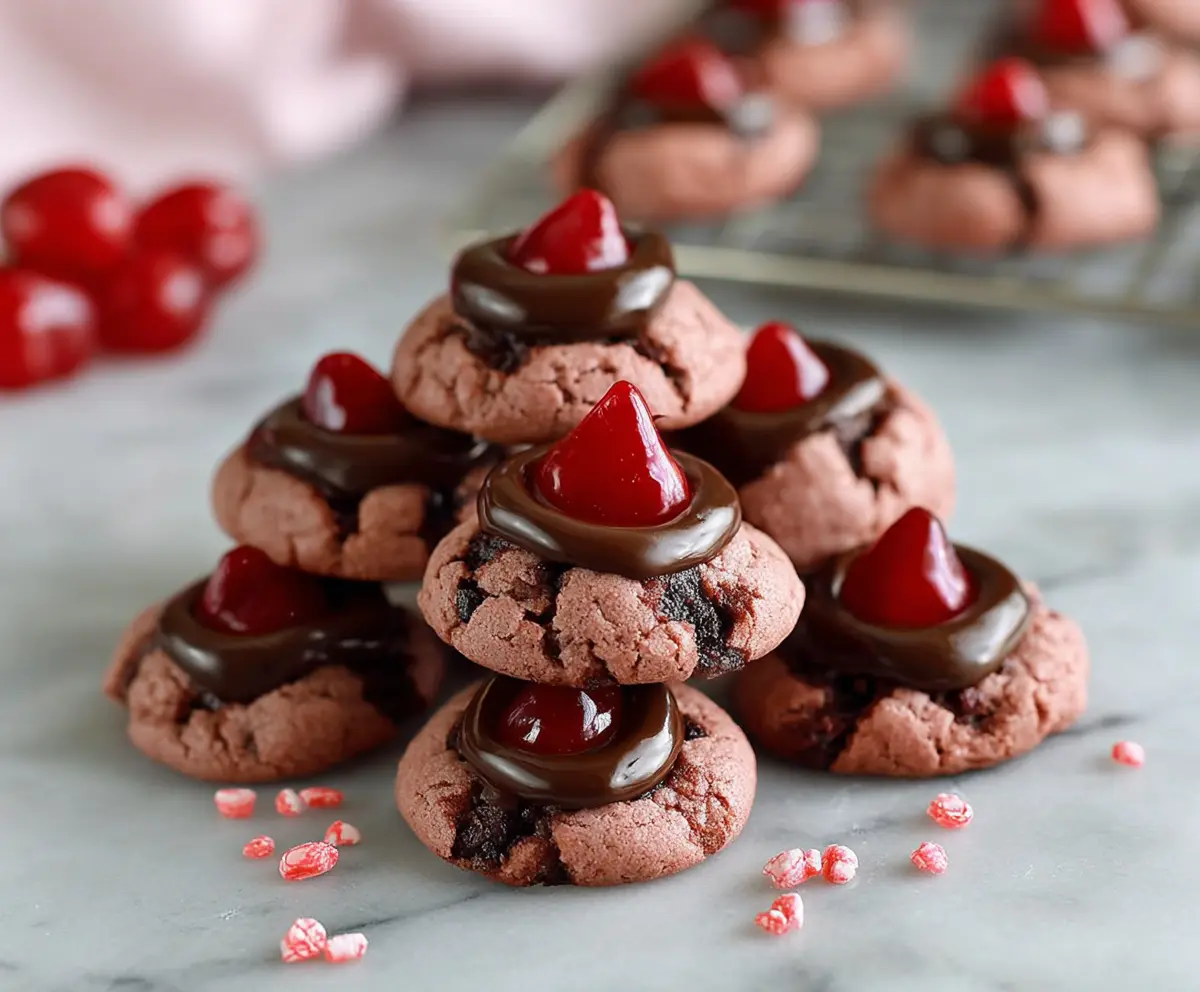 Delicious Cherry Kiss Cookies with bright red cherry centers and sweet cookie dough