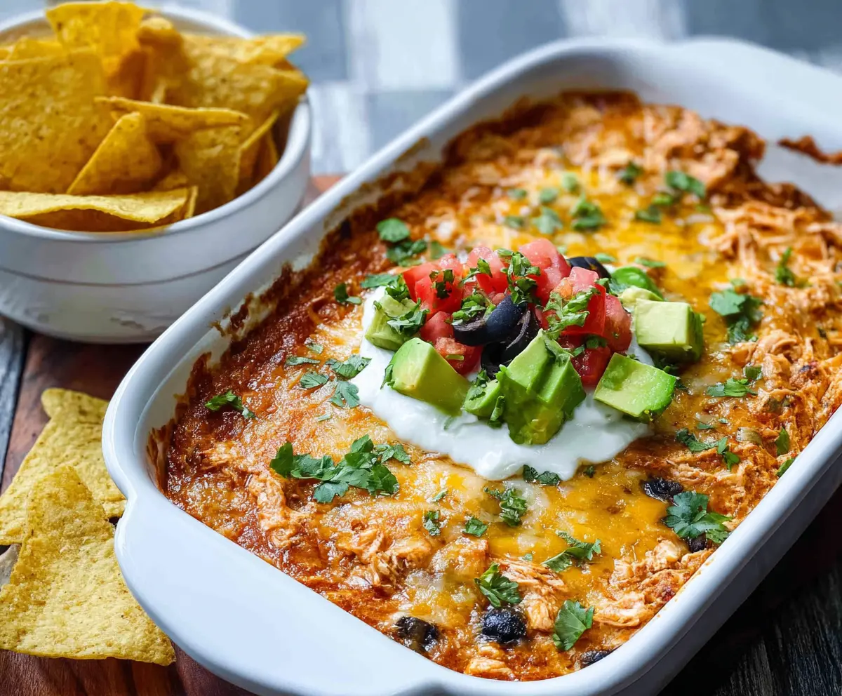 Delicious creamy Chicken Enchilada Dip garnished with cheese and fresh herbs, perfect for parties.