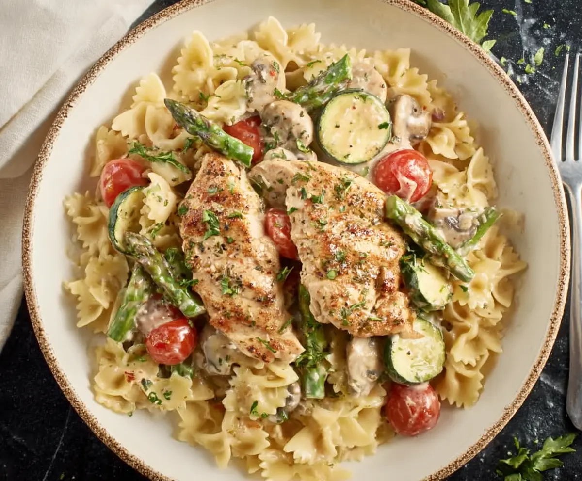Delicious Chicken Primavera pasta with fresh vegetables and savory sauce on a white plate.