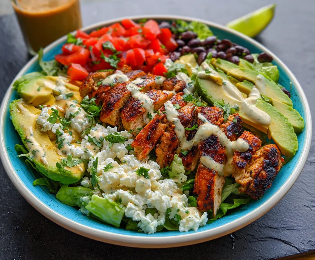 Fresh chipotle lime chicken salad with vibrant greens and colorful vegetables, perfect for a healthy meal.