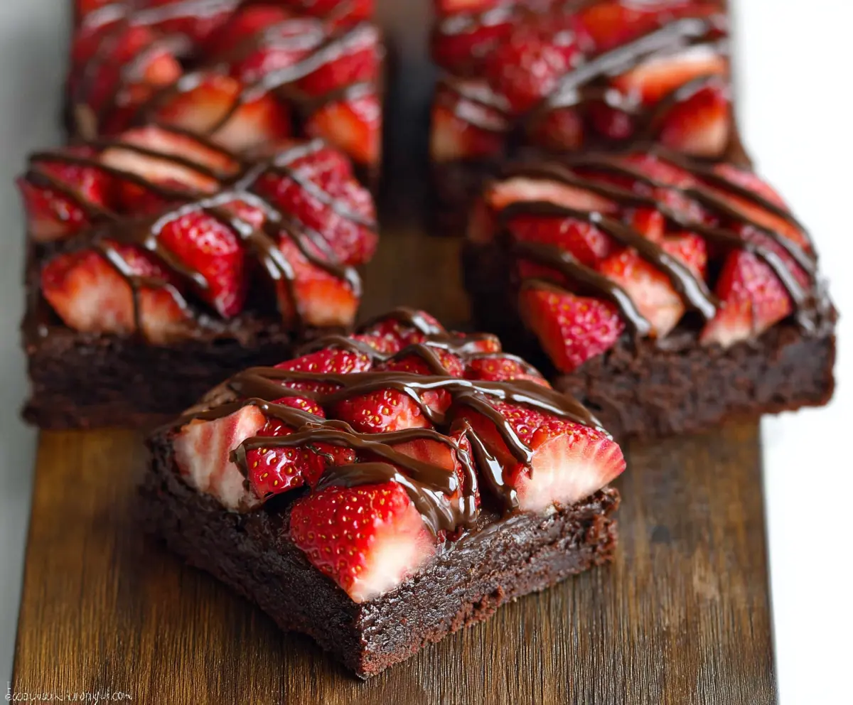 Delicious chocolate-covered strawberry brownies with rich chocolate glaze and fresh strawberries on top.