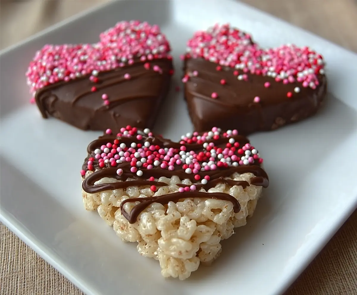 Delicious chocolate-dipped heart-shaped rice Krispies treats perfect for Valentine's Day celebrations.