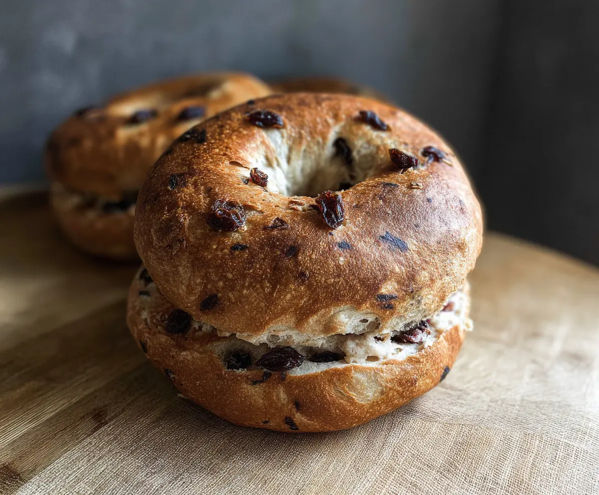 Freshly baked cinnamon raisin sourdough bagels on a rustic wooden surface, showcasing their golden crust and chewy texture.