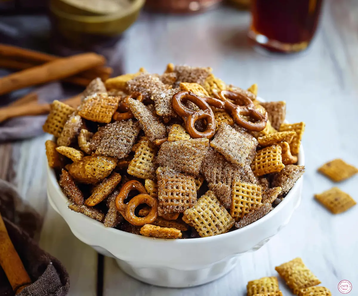 Delicious Homemade Cinnamon Sugar Chex Mix with a crispy texture and sweet aroma.
