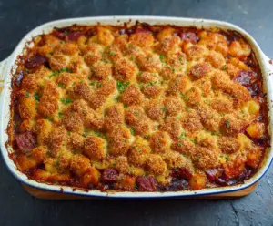 Delicious Corned Beef Casserole topped with melted cheese, served in a baking dish.