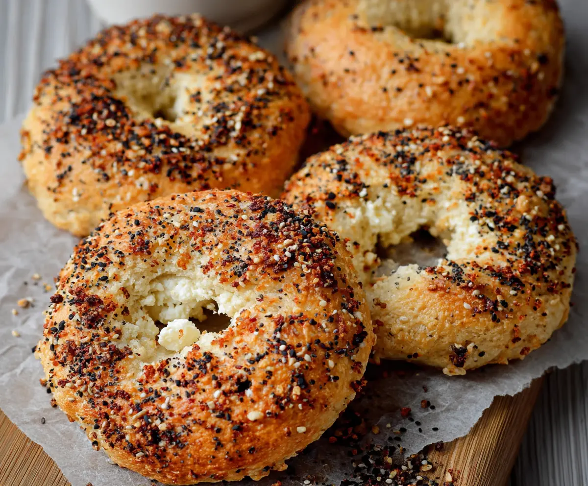 Freshly baked cottage cheese almond flour bagels on a baking tray, ready to enjoy.