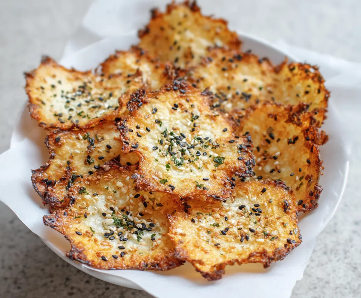 Crispy baked chips made from cottage cheese, perfect for healthy snacking.