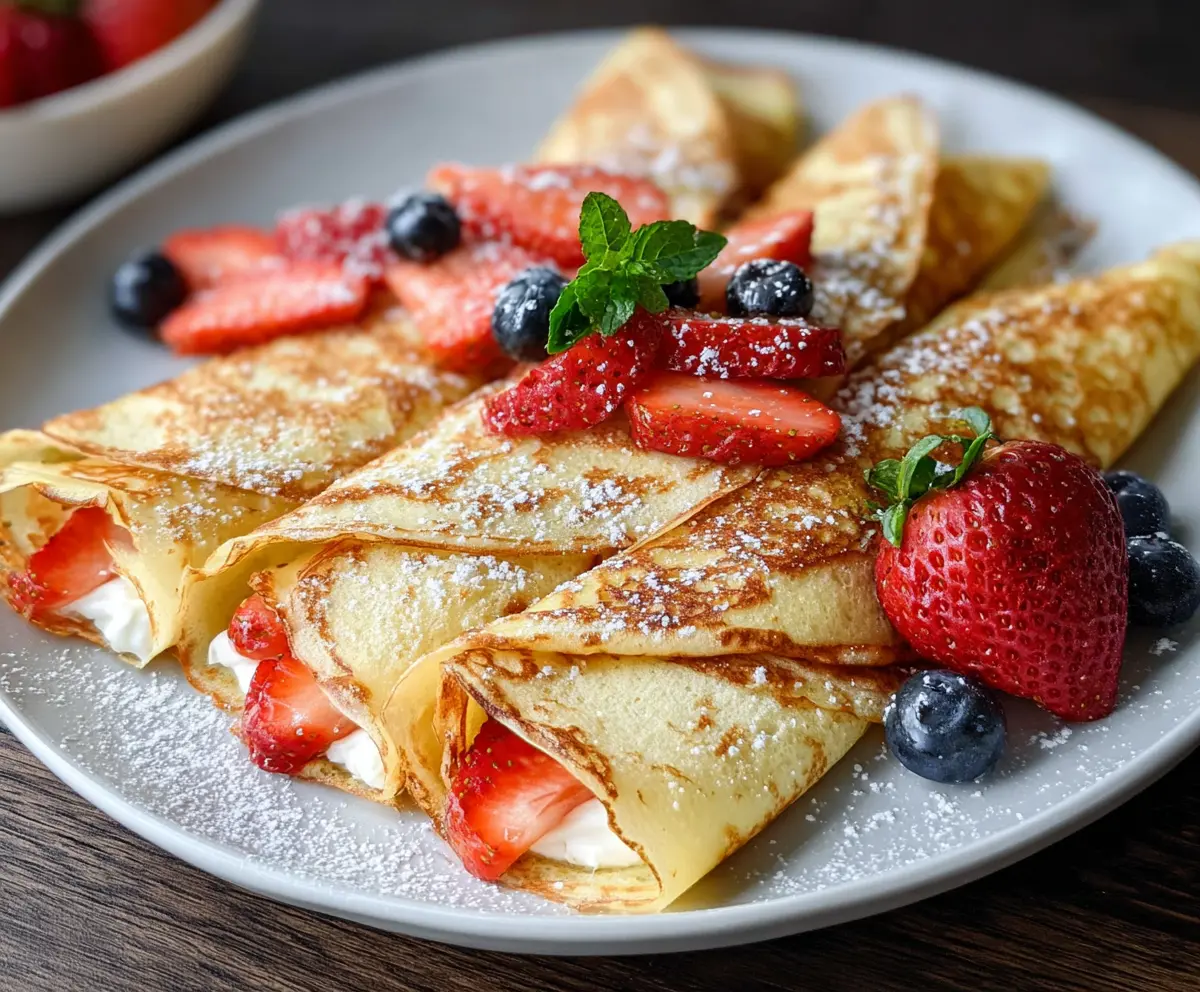 Delicious homemade cottage cheese crepes served with fresh fruit and honey.