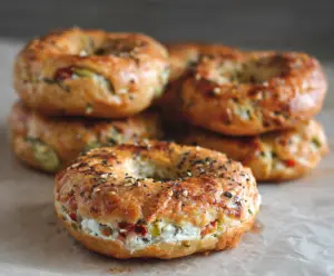 Healthy Cottage Cheese Veggie Bagels topped with fresh vegetables for a nutritious snack.