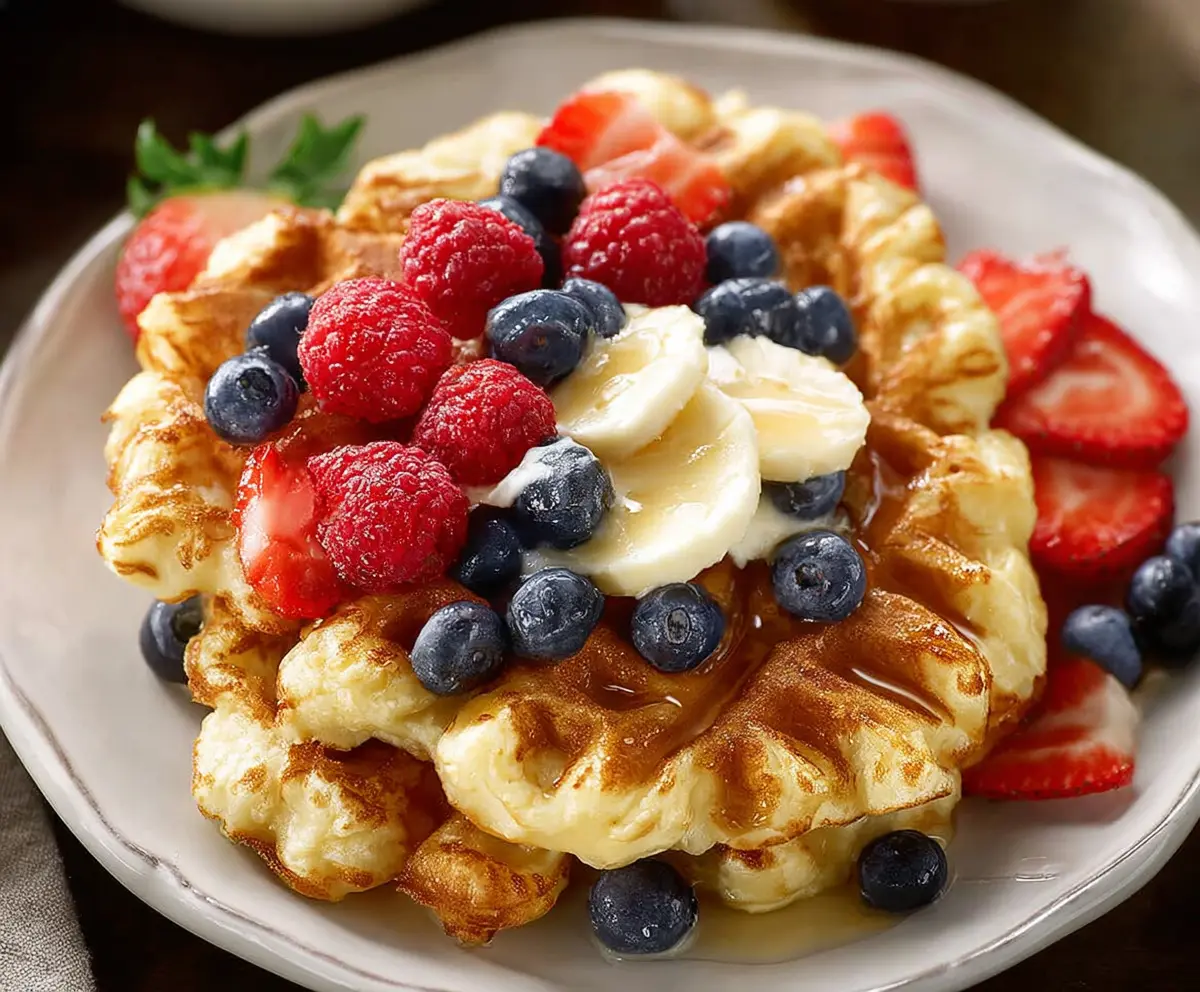 Delicious homemade cottage cheese waffles served with fresh berries and syrup.