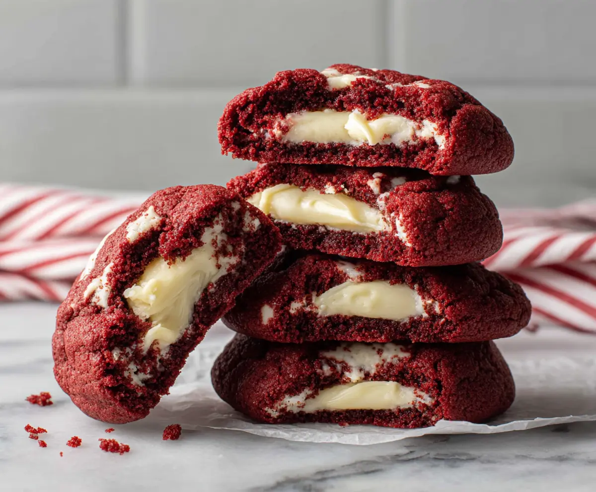 Delicious red velvet cookies filled with creamy cream cheese frosting, perfect for dessert lovers.