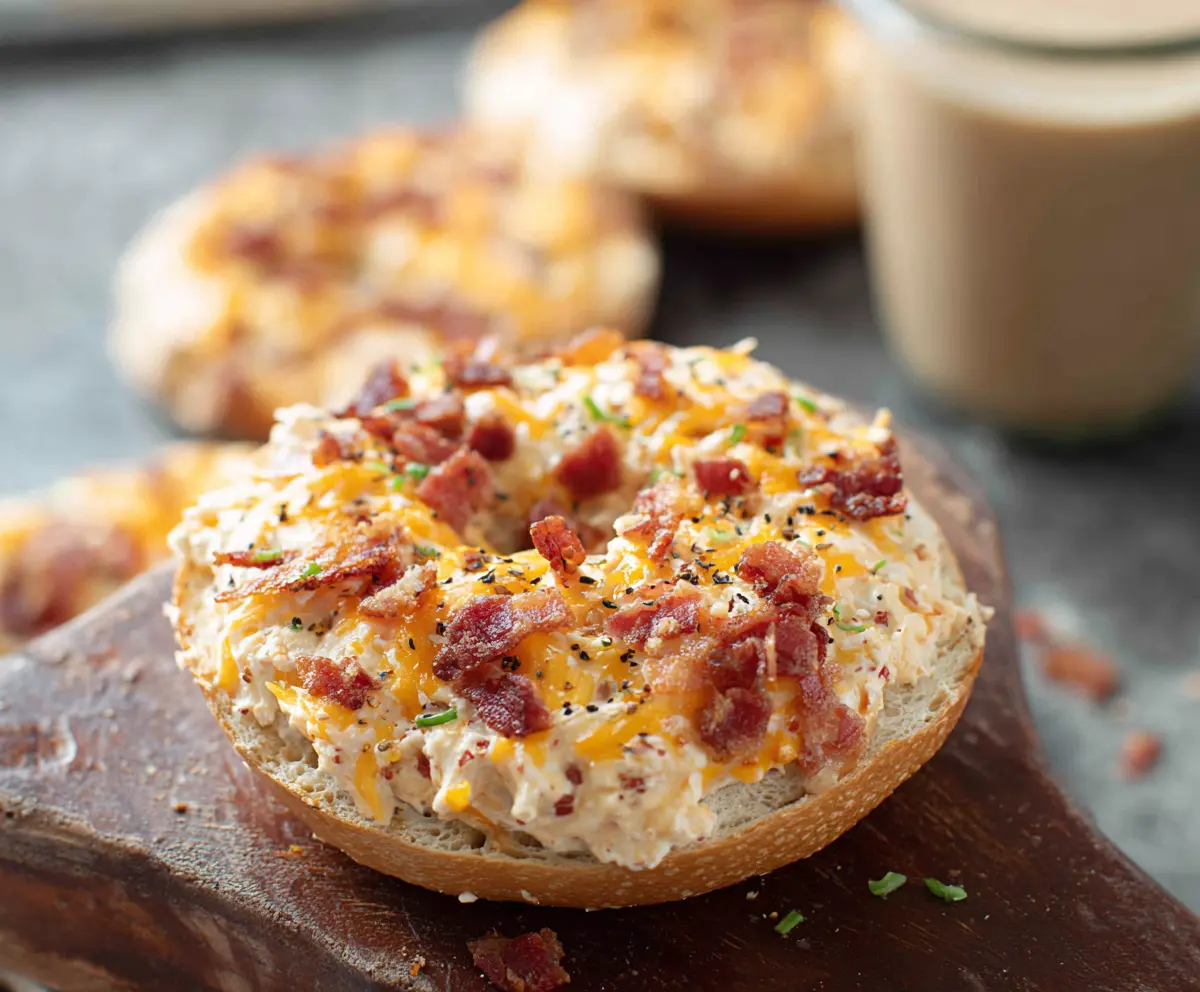 Delicious creamy bacon cheddar bagels with crispy bacon pieces and melted cheddar cheese.
