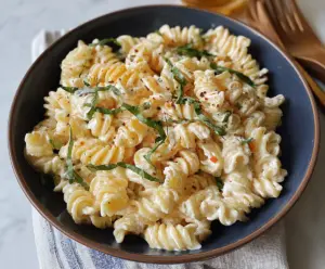 Creamy cottage cheese pasta served on a white plate with fresh herbs, showcasing a delicious and easy-to-make vegetarian meal.