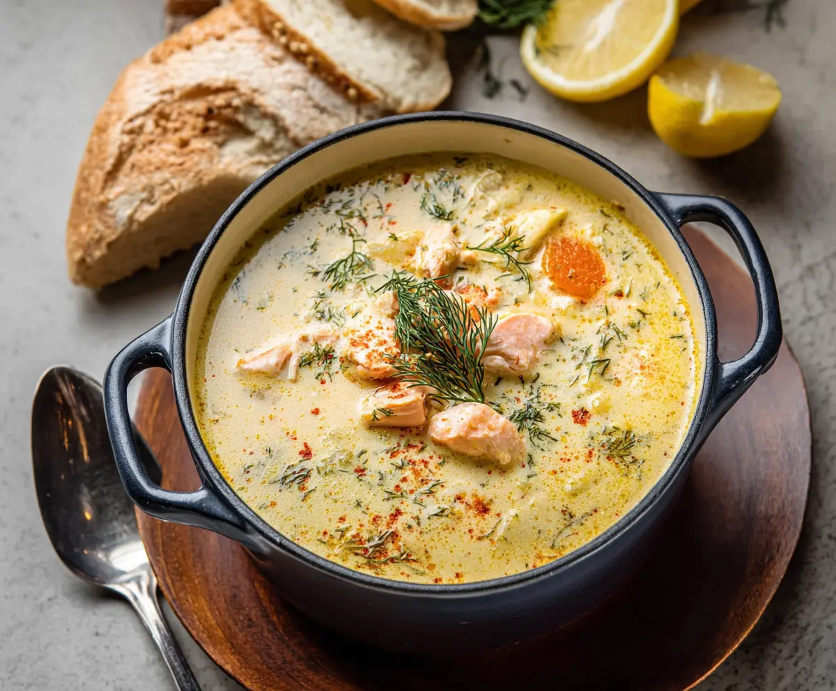 Creamy dill salmon soup served in a bowl with fresh dill garnish