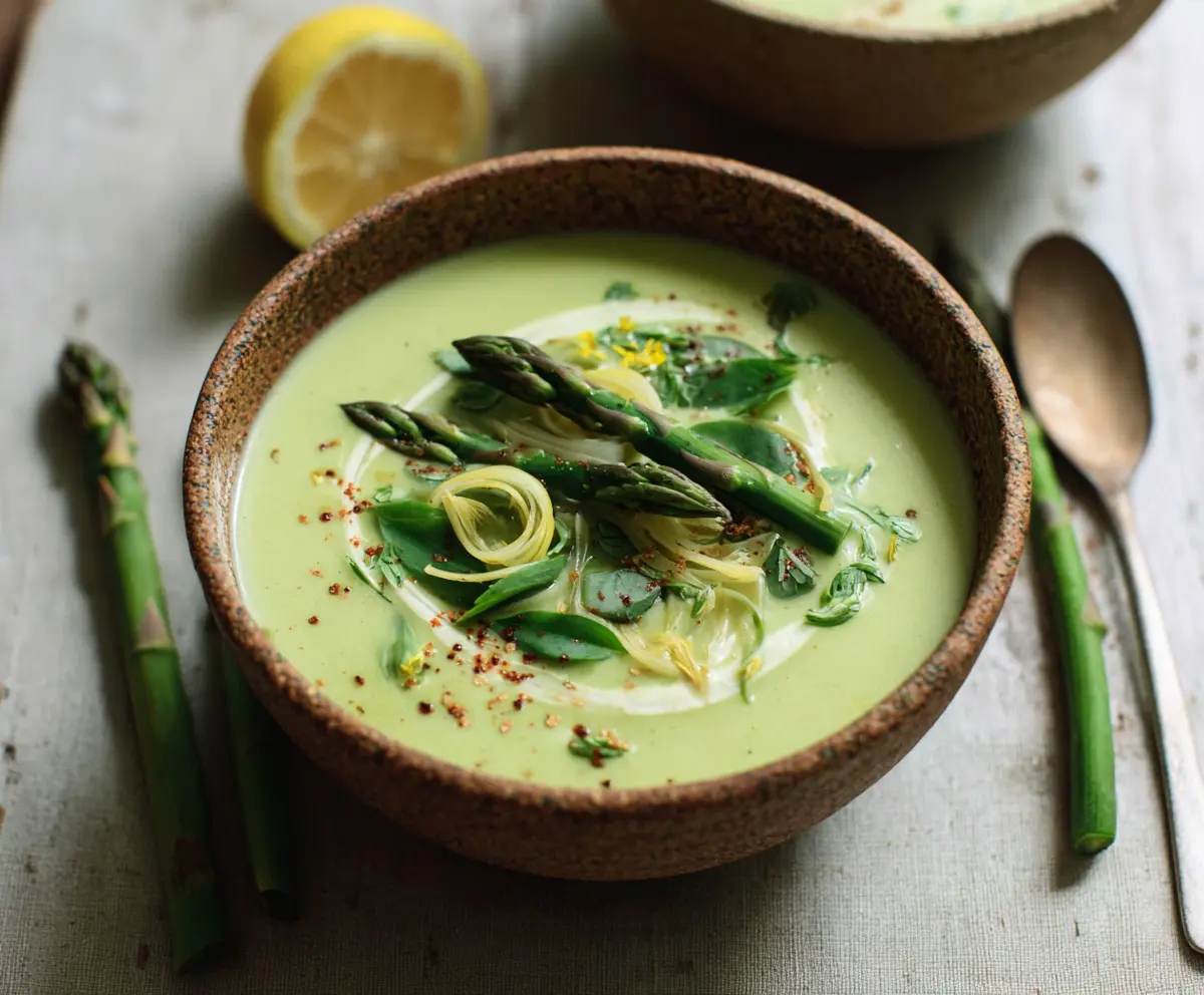 Creamy tahini and lemon asparagus soup served in a bowl with fresh herbs.