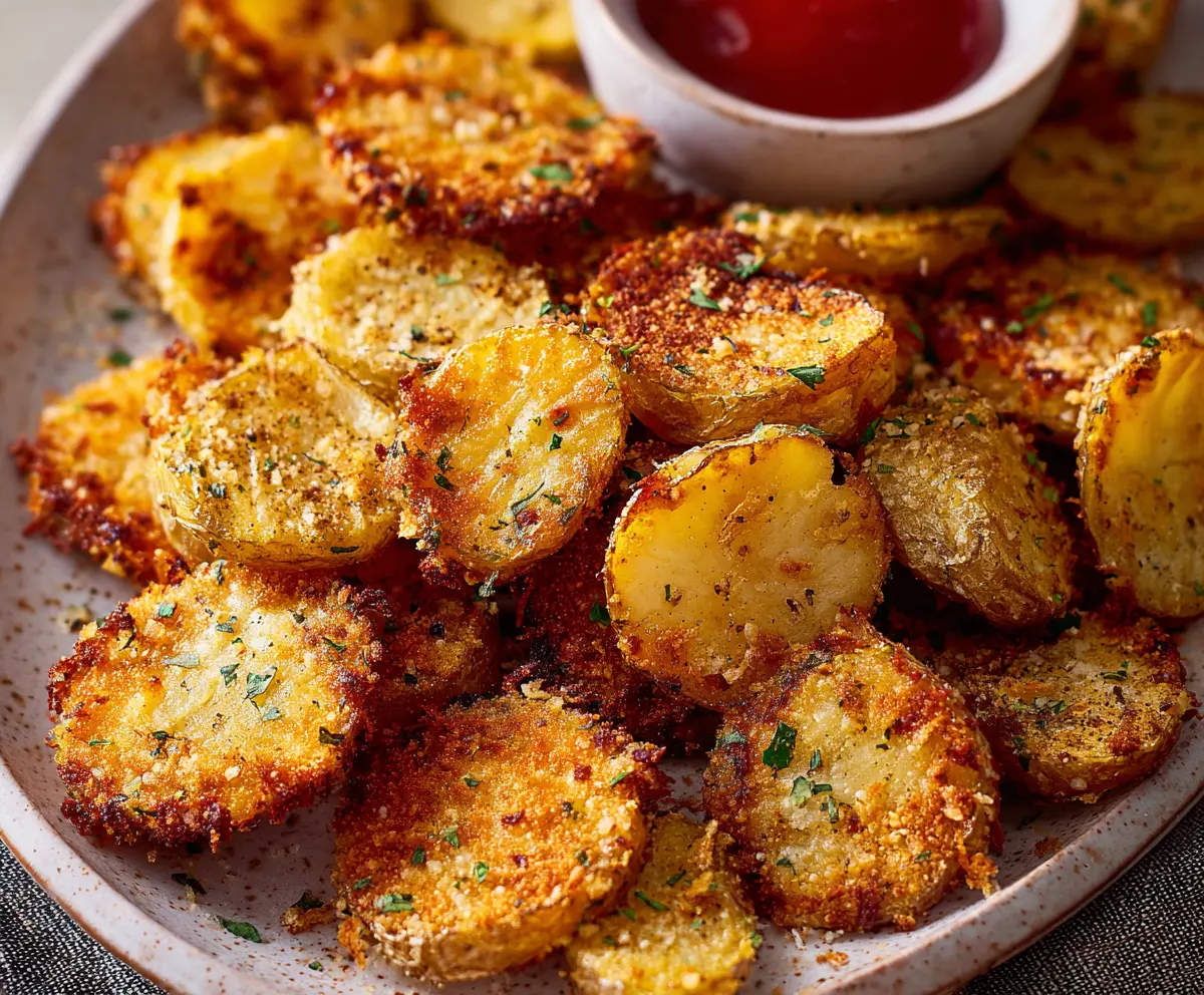 Crispy garlic Parmesan crusted potatoes served on a white plate, garnished with fresh herbs.