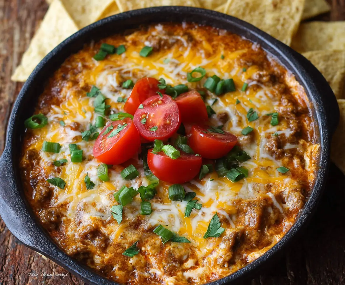Creamy Crock Pot Beef Nacho Dip topped with melted cheese and fresh jalapeños.