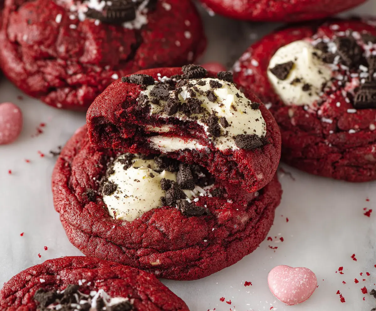 Delicious crushed Oreo cookies layered on rich red velvet cookies, perfect for dessert lovers.