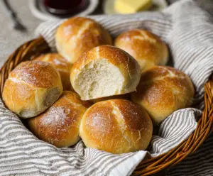 Freshly baked crusty sourdough dinner rolls on a rustic wooden table, perfect for a hearty meal