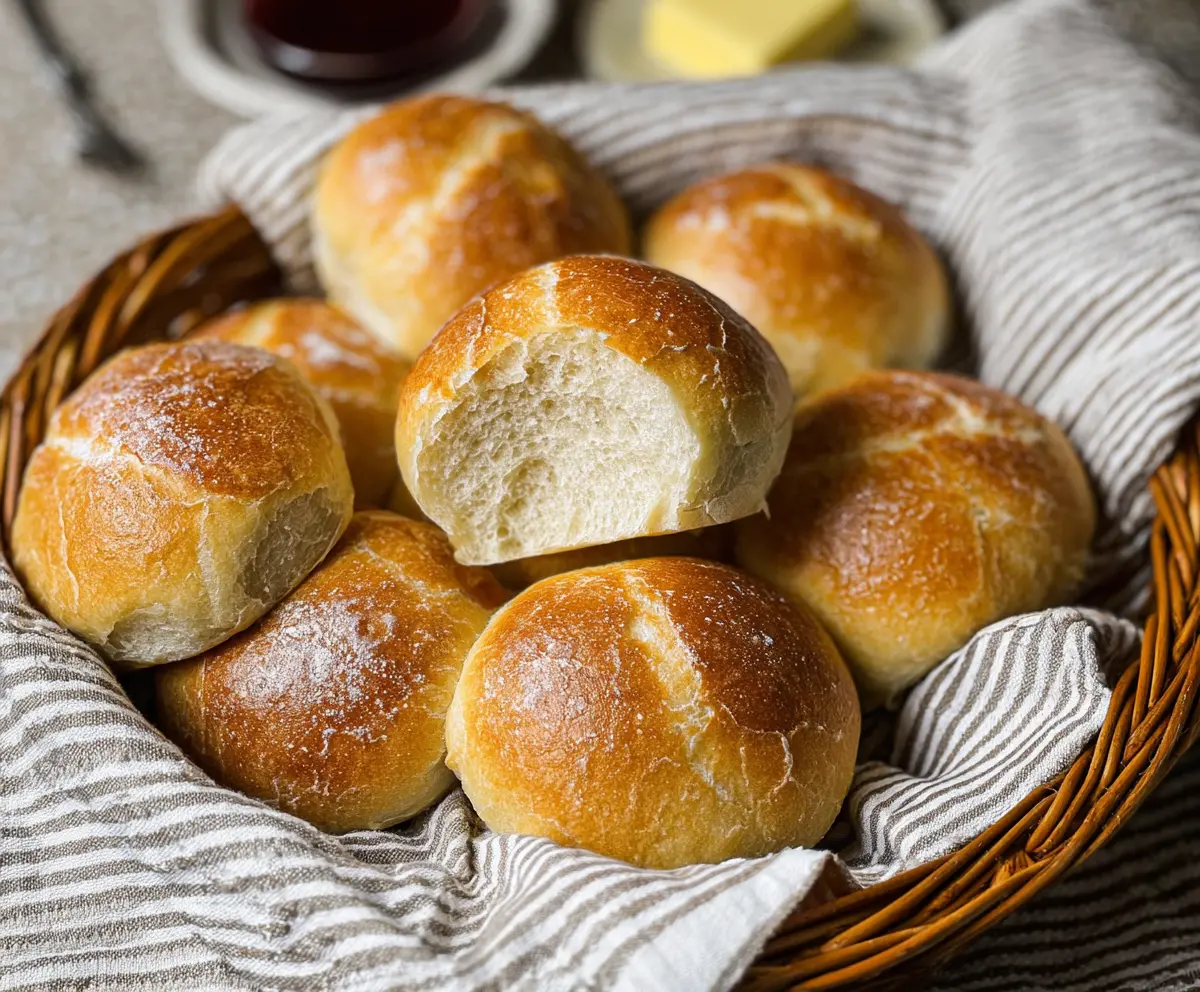 Freshly baked crusty sourdough dinner rolls on a rustic wooden table, perfect for a hearty meal