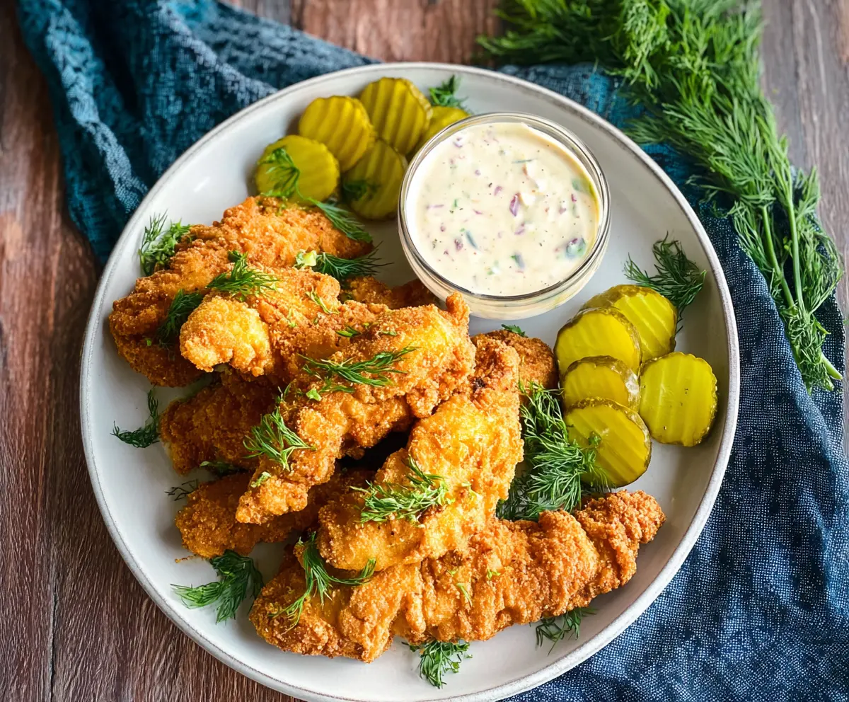 Delicious Dill Pickle Ranch Chicken Tenders on a serving platter, garnished with fresh herbs.