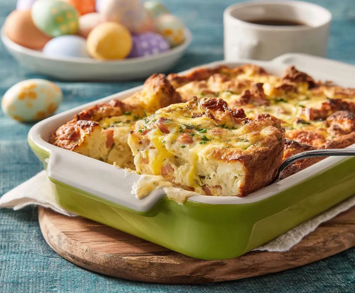 Delicious Easter Breakfast Casserole with eggs, cheese, and ham in a baking dish.