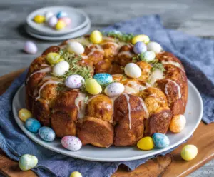 Delicious Easter Brunch Monkey Bread with icing and colorful sprinkles on a festive table