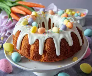 Delicious Easter Bundt Cake decorated with colorful icing and sprinkles, perfect for spring celebrations.