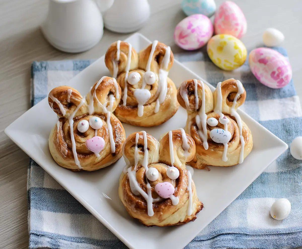 Delicious Easter Bunny Cinnamon Rolls with colorful frosting and sprinkles, perfect for spring celebrations.