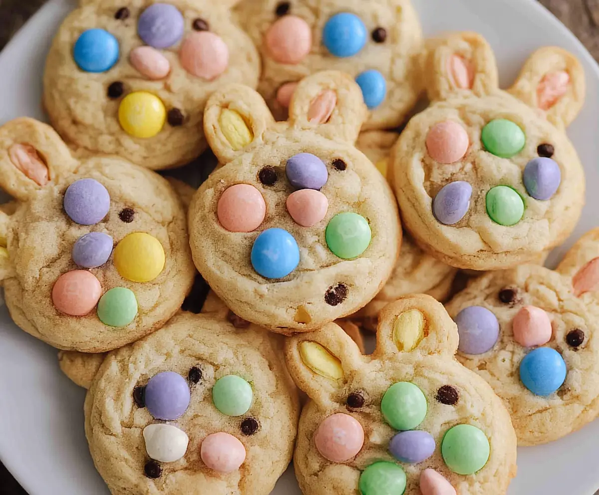 Delicious Easter Bunny M&M's cookies with colorful candies and festive decoration