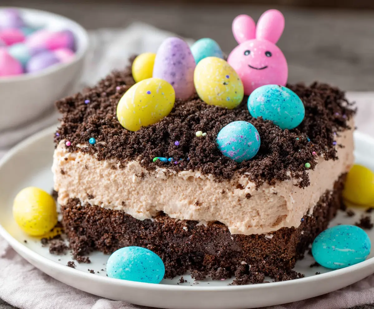 Delicious Easter Dirt Cake with chocolate Oreos, gummy worms, and colorful sprinkles for festive celebration