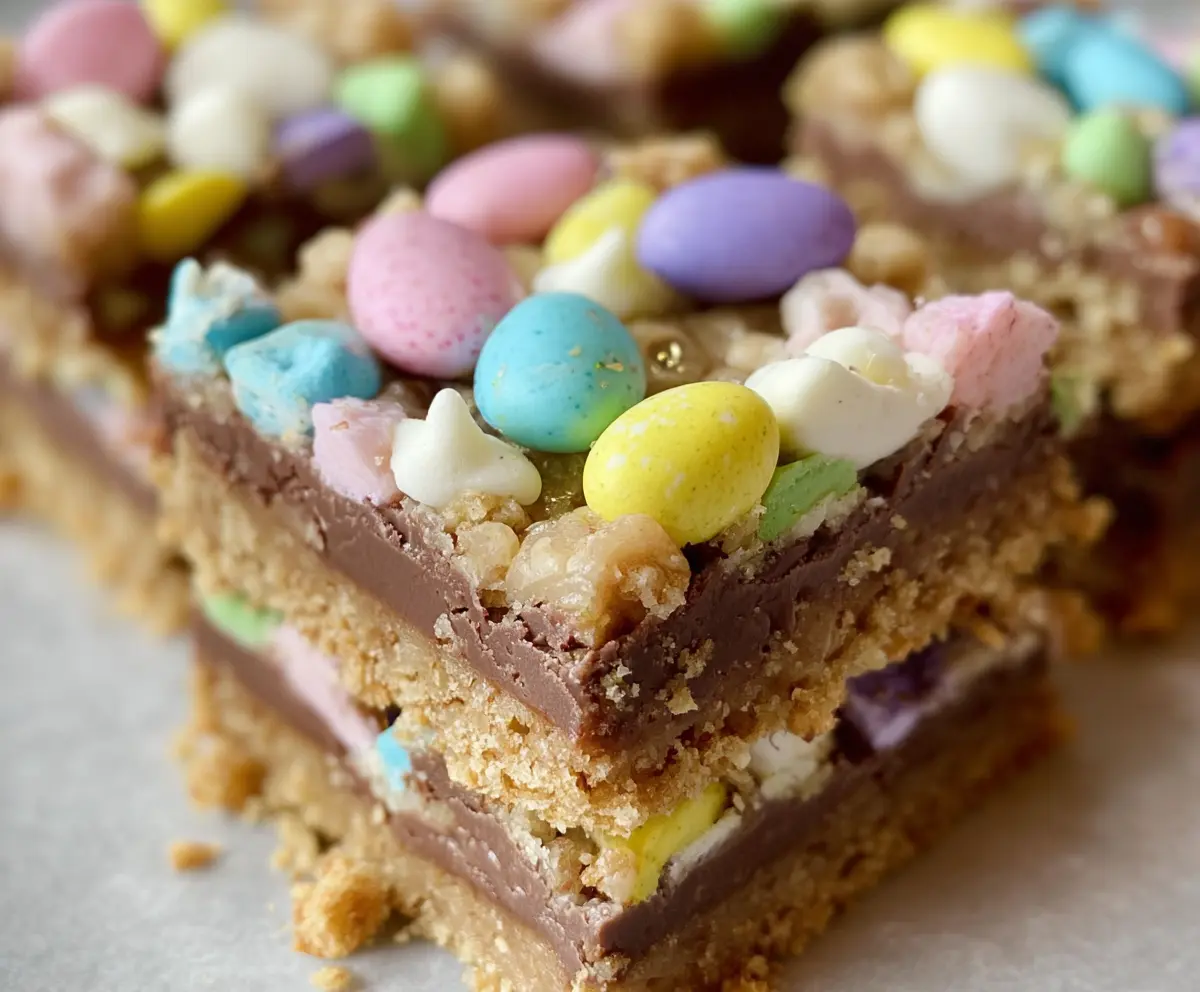 Delicious Easter Goody Bars with colorful candies and chocolate on a festive plate