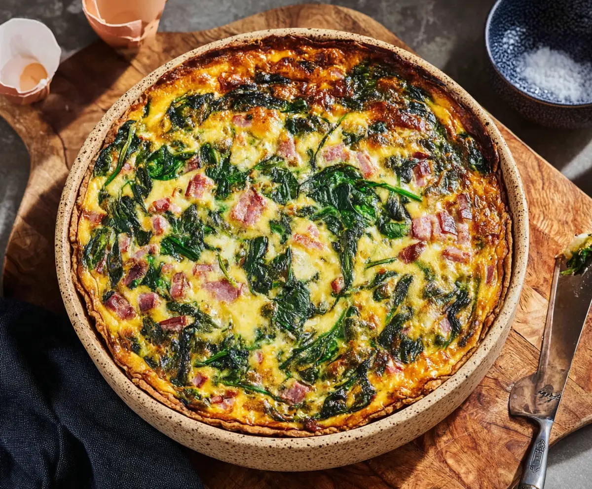 Delicious Easter ham and spinach quiche with a golden crust, perfect for holiday brunch.
