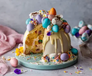 Delicious Epic Easter Egg Smash Cake with colorful decorations for celebrating Easter.