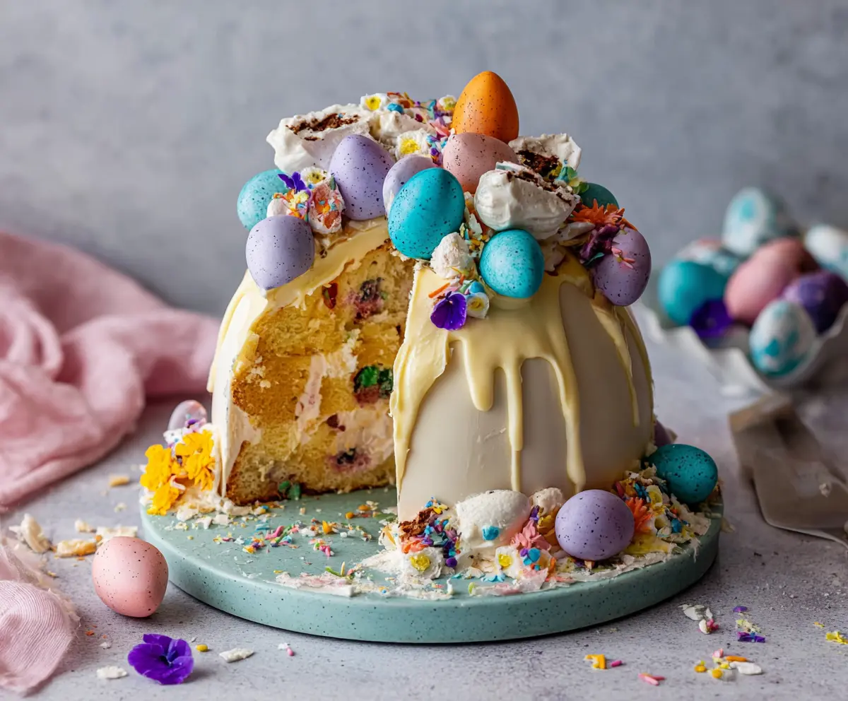 Delicious Epic Easter Egg Smash Cake with colorful decorations for celebrating Easter.