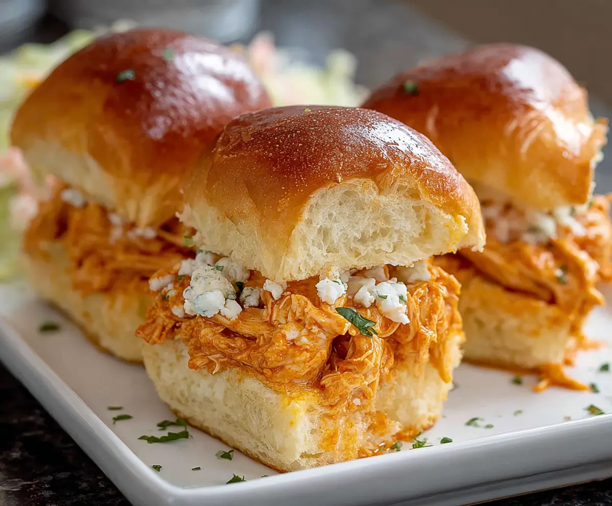 Delicious Fiery Buffalo Chicken Sliders Bake with spicy sauce and melted cheese